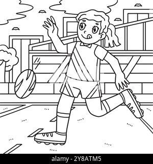 Rugby Female Player Doing a Short Punt Coloring Illustrazione Vettoriale