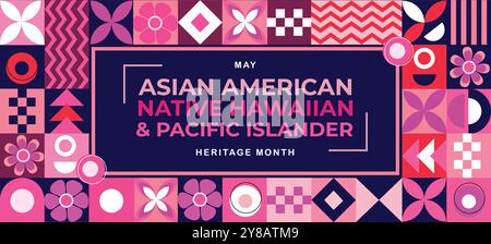 Mese della tradizione asiatica americana, hawaiana e delle isole del pacifico. Asian Pacific American Heritage Month su sfondo blu, design per banner vettoriali Illustrazione Vettoriale