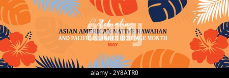 Mese della tradizione asiatica americana, hawaiana e delle isole del pacifico. Asian Pacific American Heritage Month su sfondo blu, design per banner vettoriali Illustrazione Vettoriale