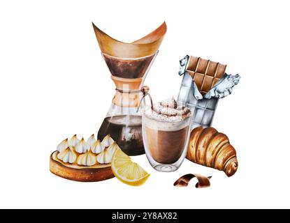 bar di hocolate in lamina, croissant al limone, caramelle e latte in una tazza di vetro. Illustrazione ad acquerello con pittura a mano isolata sullo sfondo. Per la progettazione Foto Stock