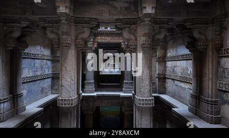 Nel mezzo dello storico gradino di Adalaj vicino ad Ahmedabad. Splendide decorazioni del patrimonio nazionale. Foto Stock