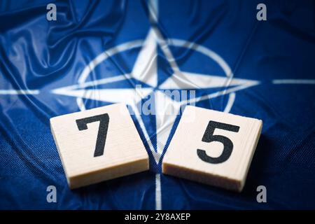 FOTO MONTAGGIO, bandiera NATO con il numero 75, foto simbolica della fondazione della NATO 75 anni fa, FOTOMONTAGE, NATO-Fahne mit der Zahl 75, Symbolfoto Foto Stock