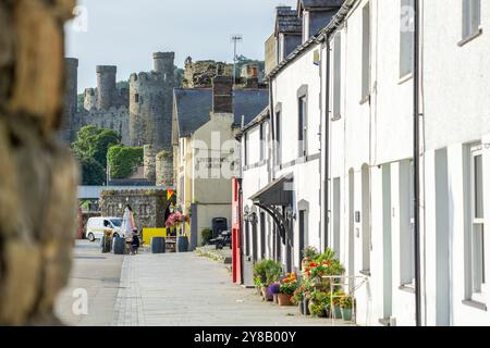 Conwy Wales - luglio 30 2024; facciate bianche lungo Lower Gate Street che conducono dal cancello ad arco ad un'estremità di Quay al Castello. Foto Stock