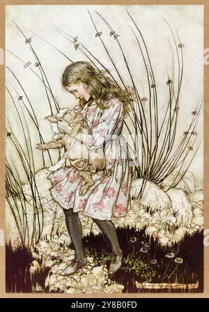 "Qui! può curarlo un po', se vuole! ?” Illustrazione da "Alice's Adventures in Wonderland" di Lewis Carroll (1832-1898), illustrazione di Arthur Rackham (1867-1939) che mostra Alice che allatta il cucciolo di maiale. Fotografia tratta da una prima edizione del 1907 pubblicata da William Heinemann, Londra e Doubleday, Page & Co, New York. Crediti: AF fotografie / Collezione privata Foto Stock