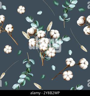 Eucalipto realistico senza cuciture, rami di fiori di cotone, piante secche. Acquerello disegnato a mano bianco soffice clipart isolato sullo sfondo. Natale Foto Stock