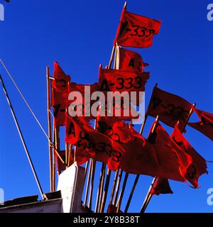 Markierungsfahnen von Fischerbooten im Hafen von Skagen, Nordjütland, Dänemark um 1985. 900200000671 Foto Stock