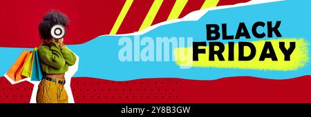 Banner. Collage d'arte contemporanea. Una donna elegante tiene in mano borse colorate mentre annuncia le offerte del Black Friday. Foto Stock