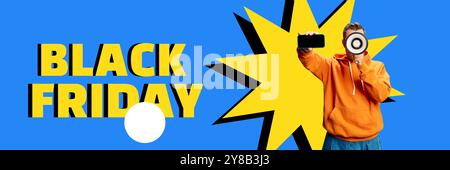 Banner. Collage d'arte contemporanea. Megafono pronto ad annunciare le offerte del Black Friday. Elegante, energico e perfetto per promuovere vendite e offerte speciali Foto Stock