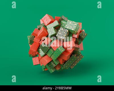 Regali di Natale avvolti in carta colorata che formano una sfera su sfondo verde. rendering 3d. Foto Stock