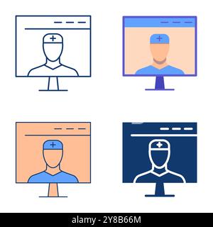 Icona di consultazione del medico online impostata in stile piatto e lineare. Medicina digitale, telemedicina. Illustrazione vettoriale. Illustrazione Vettoriale