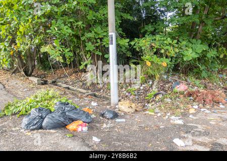 Sacchetti per la spazzatura gettati sul marciapiede della strada di Klang Malesia Foto Stock
