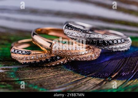 un set di tre anelli. gioielli sullo sfondo delle piume di pavone. tre anelli con pietre. fedi nuziali in oro e argento. Foto Stock