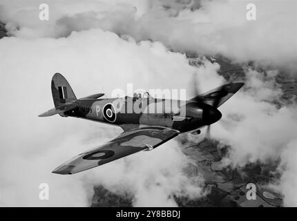 Un Hawker Tempest Mk i, un aereo da caccia britannico utilizzato principalmente dalla Royal Air Force nella seconda guerra mondiale che emerse come uno dei caccia più potenti e a bassa quota, il più veloce monomotore ad elica della guerra. All'entrata in servizio nel 1944, la Tempest effettuò intercetti di basso livello, in particolare contro la minaccia di bombe volanti V-1, e attacchi di terra supportando importanti invasioni come l'operazione Market Garden. In seguito, colpì con successo obiettivi a terra e gli aerei a propulsione a reazione come il Messerschmitt me 262. Foto Stock