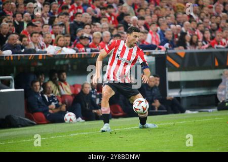 Bilbao, Euskadi, Spagna. 3 ottobre 2024. Bilbao, Spagna, 3 ottobre 2024: Il giocatore del Club atletico 'Scar de Marcos (18) con la palla durante la fase a gironi della seconda fase UEFA Europa League 2024-25 tra Athletic Club e AZ Alkmaar il 3 ottobre 2024 allo Stadio San Mamés di Bilbao, Spagna. (Credit Image: © Alberto Brevers/Pacific Press via ZUMA Press Wire) SOLO PER USO EDITORIALE! Non per USO commerciale! Foto Stock