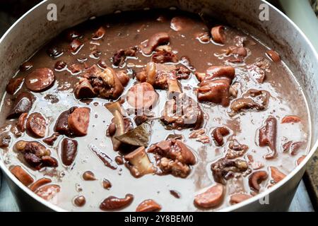 Classica feijoada brasiliana con ingredienti tradizionali Foto Stock