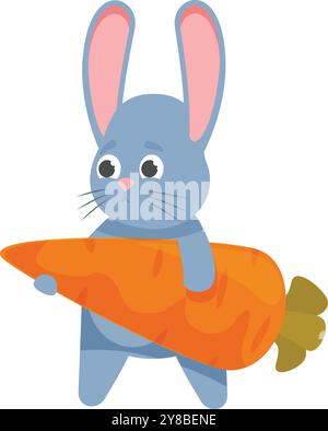 Carino personaggio dei cartoni animati coniglietto blu che porta una grande carota arancione Illustrazione Vettoriale