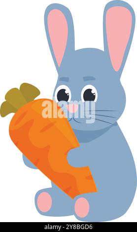 Adorabile coniglio coniglietto cartoni animati con una carota grande, guardando lo spettatore con occhi grandi e carini Illustrazione Vettoriale