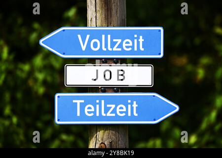 FOTOMONTAGGIO, Signpost Job con iscrizione Full-Time e Part-Time, FOTOMONTAGE, Wegweiser Job mit Aufschrift Vollzeit und Teilzeit Foto Stock