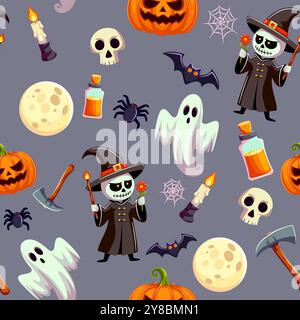 Sfondo perfetto per le festività di Halloween. Scheletro zucca fantasma cappello lunare ragno candela veleno e pipistrello. Illustrazione Vettoriale