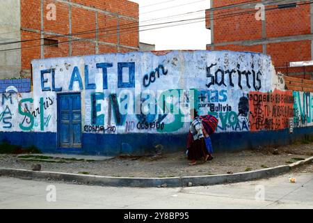 Donne Aymara che camminano oltre gli slogan sul muro mostrando sostegno e protesta contro Evo Morales, El alto, Bolivia Foto Stock