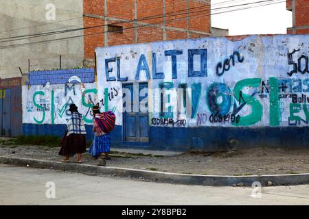 Donne Aymara che camminano oltre gli slogan sul muro mostrando sostegno e protesta contro Evo Morales, El alto, Bolivia Foto Stock