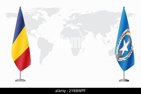 Bandiere della Romania e delle Isole Marianne Settentrionali per la riunione ufficiale sullo sfondo della mappa mondiale. Illustrazione Vettoriale