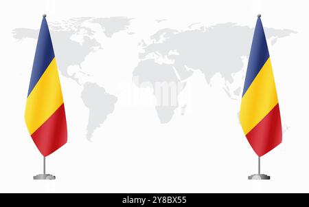 Bandiere della Romania e della Romania per la riunione ufficiale sullo sfondo della mappa mondiale. Illustrazione Vettoriale