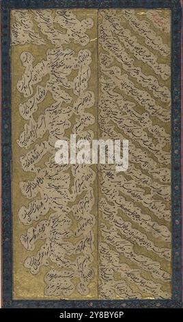 Sulla passione degli amanti, XVII-XVIII secolo, calligrafia, arabo, calligrafia, persiano, manoscritti, Persiano, Washington (D.C.), Iran, calligrafia araba, manoscritti islamici miniati, calligrafia islamica, manoscritti islamici, Shikastah, Nasta'liq, un aneddotico pezzo calligrafico in persiano: sulla passione degli amanti, attribuito allo scrittore di prosa arabo al-Jahiz (morto 255/869). Scritto in scrittura Shikastah-Nasta'liq in Iran durante il XVII o XVIII secolo., dimensioni della superficie scritta: 9,5 (L) x 17,5 (h) cm, il frammento appare firmato nell'angolo in alto a sinistra; tuttavia, la firma è troppo S. Foto Stock