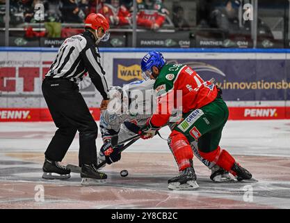 Augusta, Germania. 2 ottobre 2024. Linesperson David Tschirner fuehrt ein bully aus zwischen Eric Cornel (Iserlohn Roosters, n. 18) e Jason Bast (Augsburger Panther, n. 45). GER, Augsburger Panther gegen Iserlohn Roosters, Eishockey, DEL, 5. Spieltag, Saison 2024/2025, 02.10.2024. Foto: Eibner-Pressefoto/Heiko Feiner credito: dpa/Alamy Live News Foto Stock