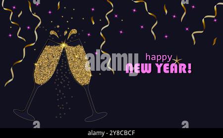 Brindisi di Capodanno con champagne, scintillanti stelle, stelle brillanti, streamer, nei colori dorati e rosa su sfondo blu scuro Illustrazione Vettoriale