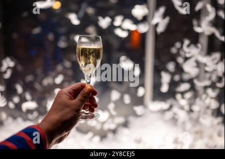 Festeggiamenti, molte piume bianche volano in aria sullo sfondo, night club con pigiama party e bicchiere di champagne spumante, ballo con vino, wedd Foto Stock