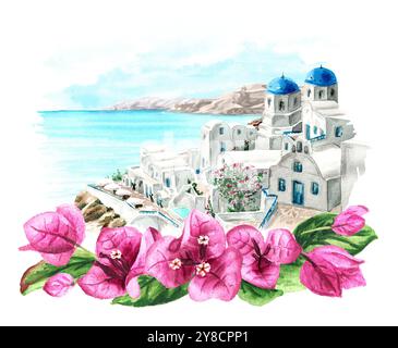 Cornice del ramo dei fiori di bouganville e isola di Santorini, Mediterraneo, Grecia. Illustrazione ad acquerello disegnata a mano, isolata su sfondo bianco Foto Stock