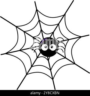 spider sull'angolo della rete. Elemento di design per Halloween. Illustrazione in bianco e nero con linee vettoriali in stile cartone animato Illustrazione Vettoriale