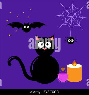 Gatto nero ragno e pipistrello, candela e pozione composizione scura Halloween. Illustrazione spaventosa disegnata a mano in stile cartone animato. Disegno isolato perfetto per un Illustrazione Vettoriale