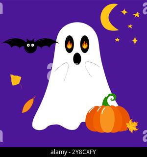 Fantasma di Halloween con una zucca e fuoco negli occhi. Composizione del progetto vettoriale su sfondo isolato. Stile cartoni animati. Illustrazione Vettoriale