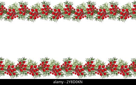 Motivo senza cuciture. Cornice natalizia (bordo) fatta di rami di conifere, decorata con bacche rosse artificiali. Foto Stock