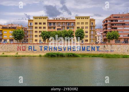 Fiume Ebro che attraversa la città di Tortosa in una mattina di primavera (Tarragona, Catalogna, Spagna) ESP: Río Ebro a su paso por la ciudad de Tortosa Foto Stock