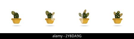 Set di icone vettoriali cactus. Carini cactus verdi succulenti. Pianta decorativa esotica. Piccoli cactus in pentole. Pianta con vettore spine. Piante verdi del deserto. Illustrazione Vettoriale