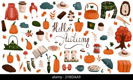 Accogliente set vettoriale di icone autunnali, zucca, foglie autunnali, bacche, ghiande, ombrello, parapolvere in gomma. Collezione di elementi autunnali per scrapbooking. Brillante Illustrazione Vettoriale