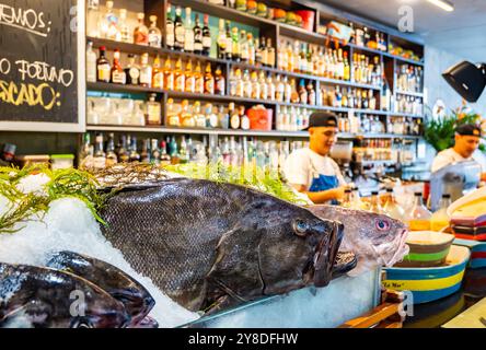 Pesce fresco e frutti di mare esposti al banco di un ristorante. Lima, Perù, Sud America. Foto Stock