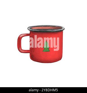 Tazza rossa di Natale vuota. Illustrazione disegnata a mano ad acquerello oggetti per il servizio da tavola di Capodanno. Clipart per la decorazione e la progettazione di biglietti ed etichette per le vacanze invernali Foto Stock