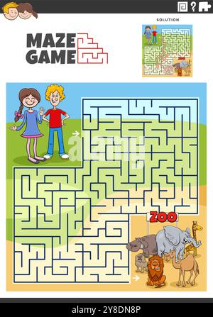 Illustrazione a cartoni animati di un gioco di puzzle labirinto educativo con adolescenti e animali dello zoo Illustrazione Vettoriale