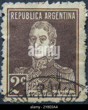 Jose de San Martin (1778, 1850) generale argentino che combatté per l'indipendenza del Sud America. Ritratto su francobollo argentino Foto Stock