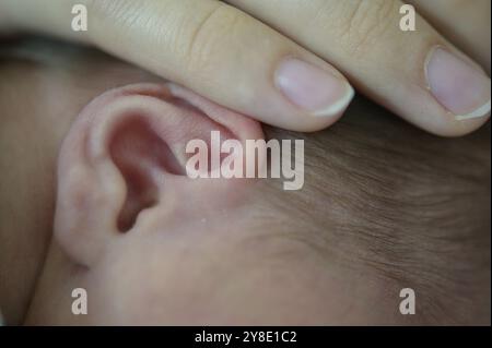 Primo piano di un bambino il cui orecchio viene toccato delicatamente da una mano Foto Stock