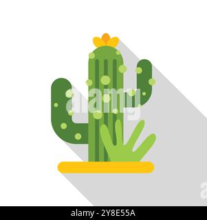 Il cactus verde con un fiore giallo si trova nel terreno giallo con una lunga ombra su sfondo bianco Illustrazione Vettoriale