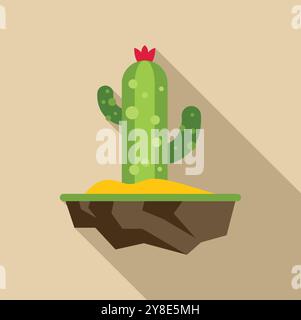 Design piatto minimalista che raffigura un cactus verde che cresce su un'isola galleggiante e che getta una lunga ombra Illustrazione Vettoriale