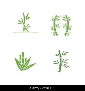 Logo di bambù con modello di icona vettoriale a foglia verde Illustrazione Vettoriale