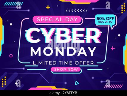 Illustrazione vettoriale evento Cyber Monday con Super sale e grande sconto acquisti merci in sacchetti di carta per promozioni in un backgroun cartoncino piatto Illustrazione Vettoriale