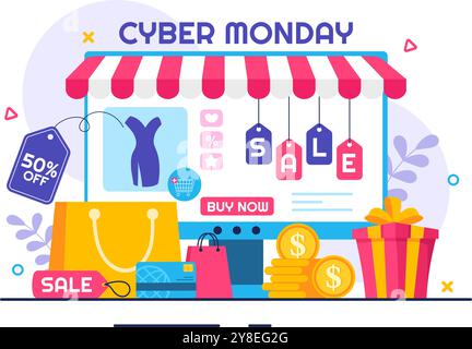 Illustrazione vettoriale evento Cyber Monday con Super sale e grande sconto acquisti merci in sacchetti di carta per promozioni in un backgroun cartoncino piatto Illustrazione Vettoriale