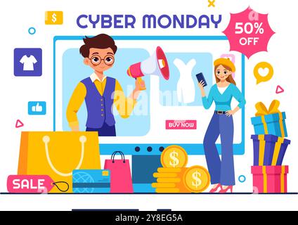 Illustrazione vettoriale evento Cyber Monday con Super sale e grande sconto acquisti merci in sacchetti di carta per promozioni in un backgroun cartoncino piatto Illustrazione Vettoriale